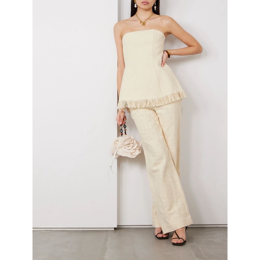 STAUD Grayson 100% Cotton Tweed High-Rise Wide-Leg Pants Ivory 6